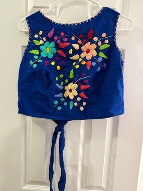 Embroidered Blue Floral Tie-Back Crop Top